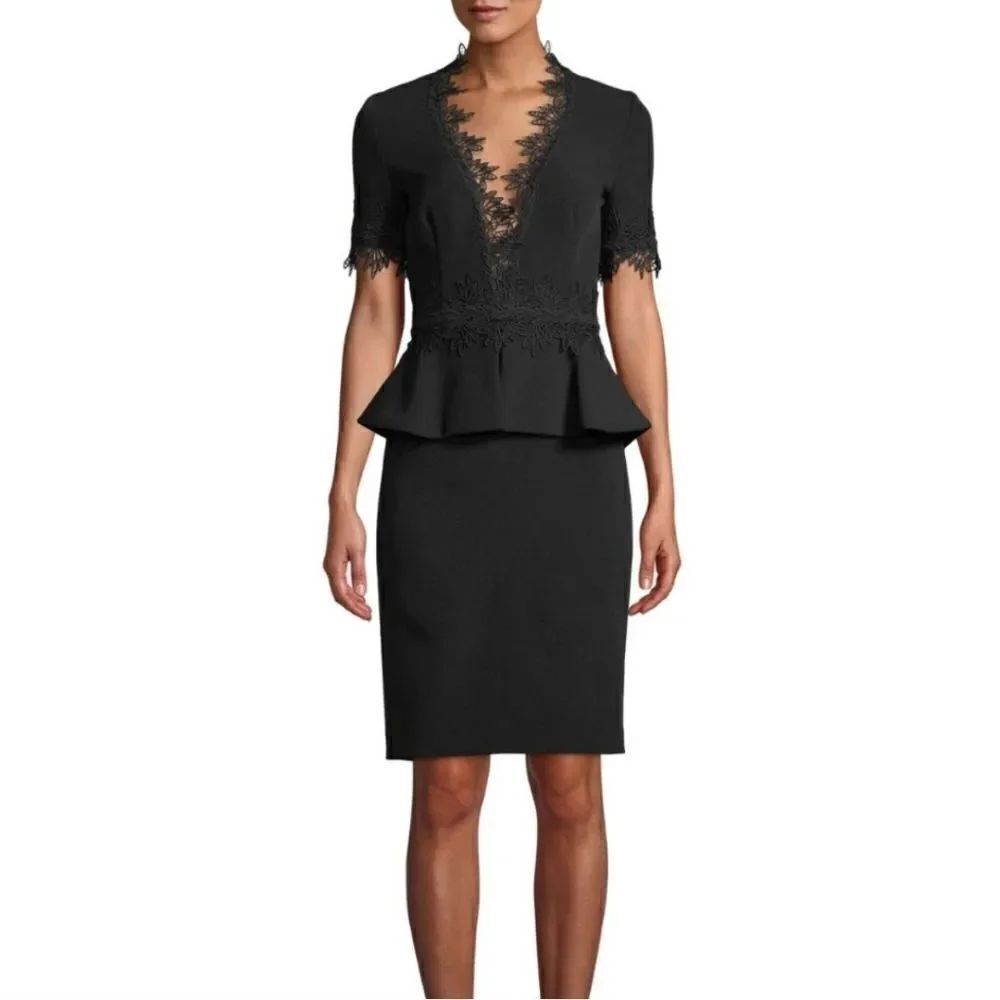 NAEEM KHAN Black Peplum Lace Trim Cocktail Dress Sz 16